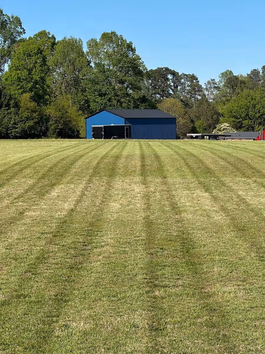 Mowed grassy field with striped patterns leading to a blue building surrounded by trees under a clear blue sky.