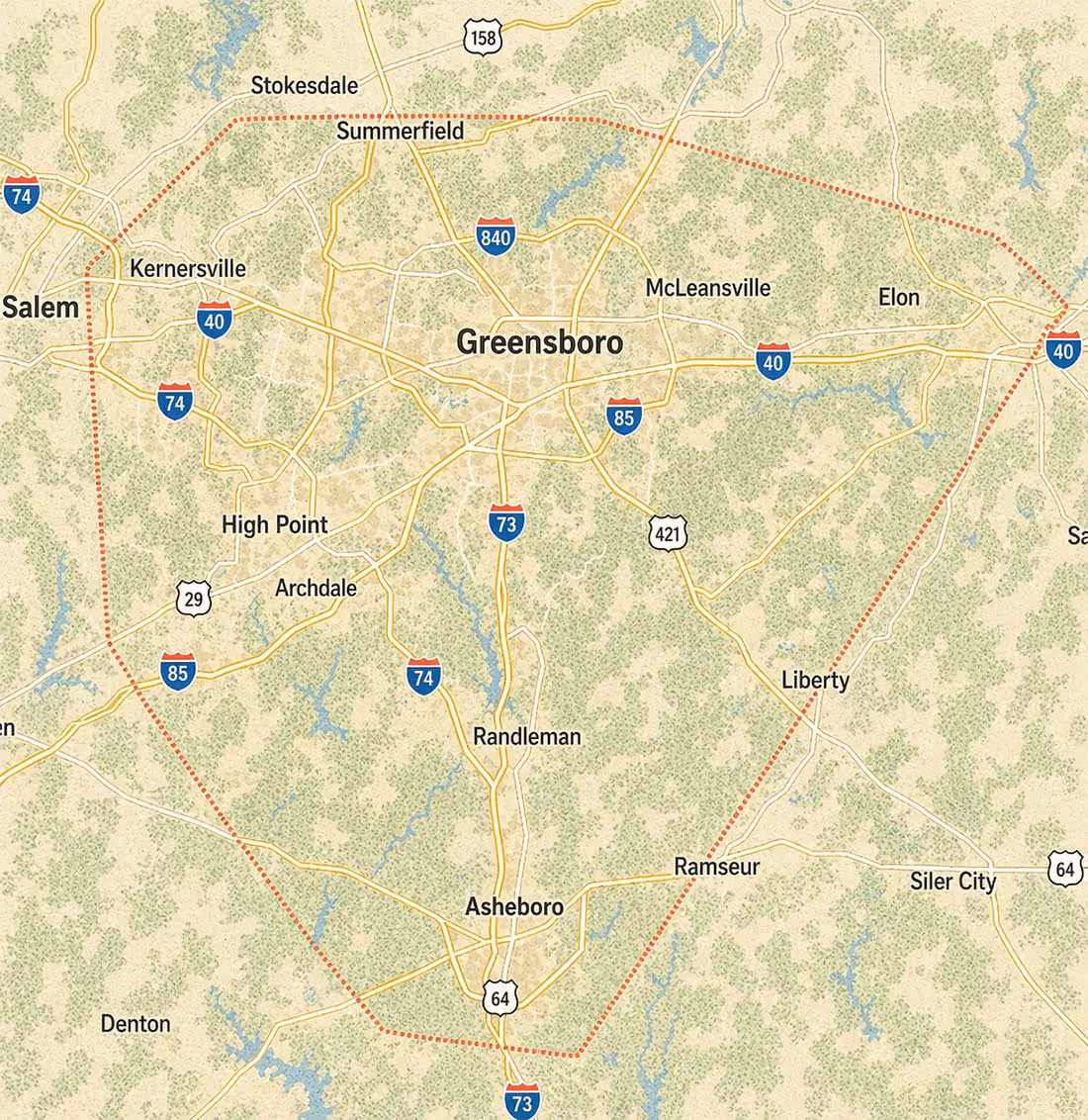 Map showing Greensboro and surrounding cities including High Point, Asheboro, Kernersville, and Elon with major highways I-40, I-73, I-74, I-85, and I-840.