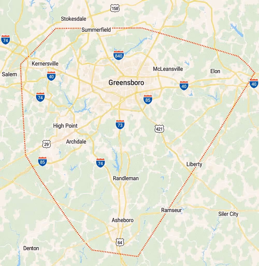 Map outlining the area around Greensboro, North Carolina, showing nearby towns and highways including High Point, Asheboro, Elon, and Liberty.