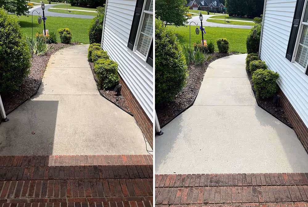Side-by-side comparison showing a concrete walkway before and after pressure washing, with the after side noticeably cleaner and brighter.